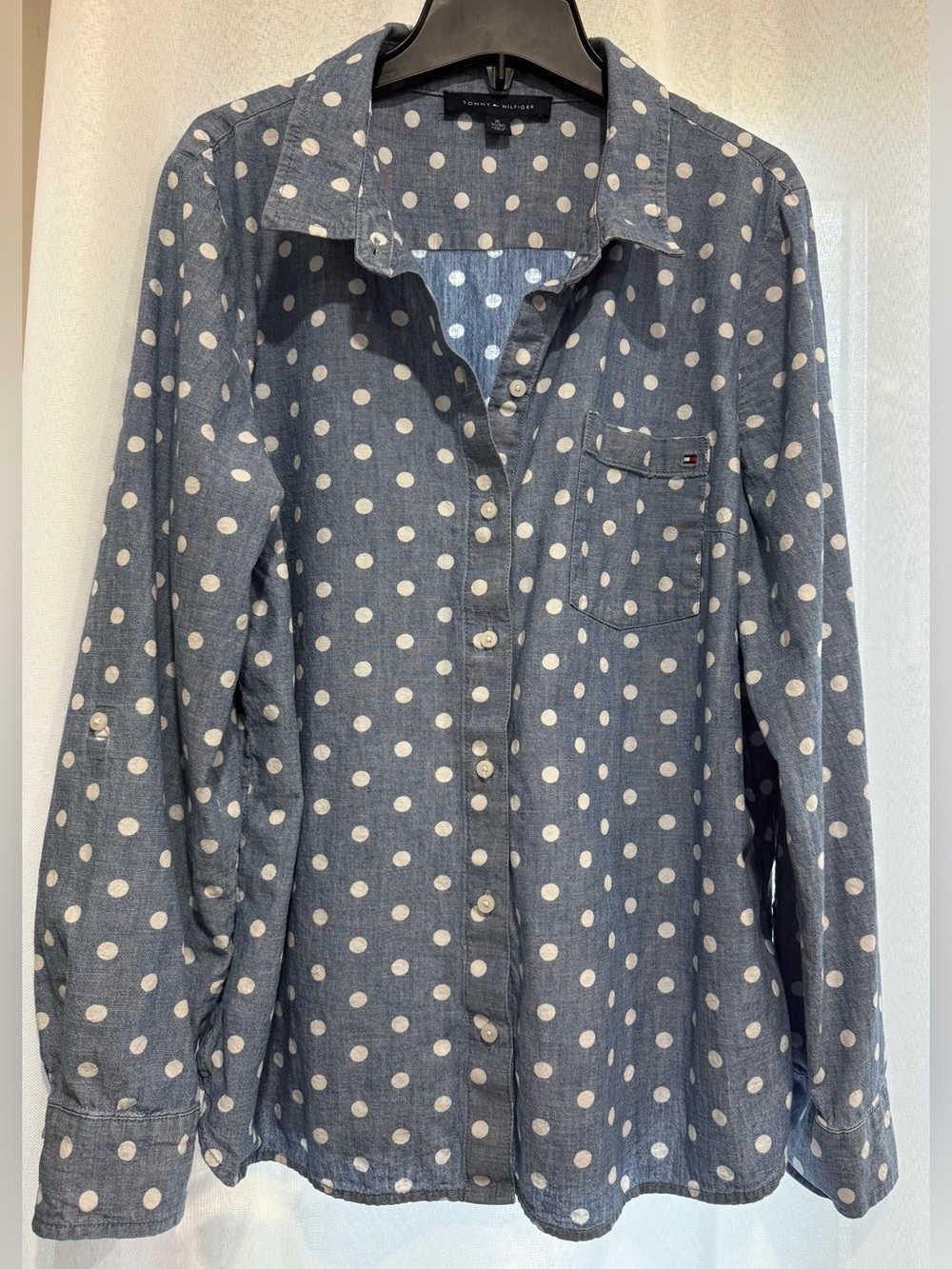 Tommy Hilfiger Polka Dot Chambray Button Up Shirt - Blue & White, Size XL